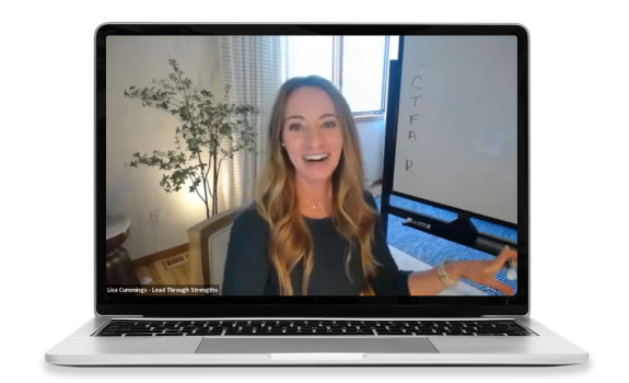 Lisa Cummings 1:1 strengths coach [action photo in zoom]. Get coached on CliftonStrengths with Lisa Cummings. Personal retreat day. VIP Day for small business owners.