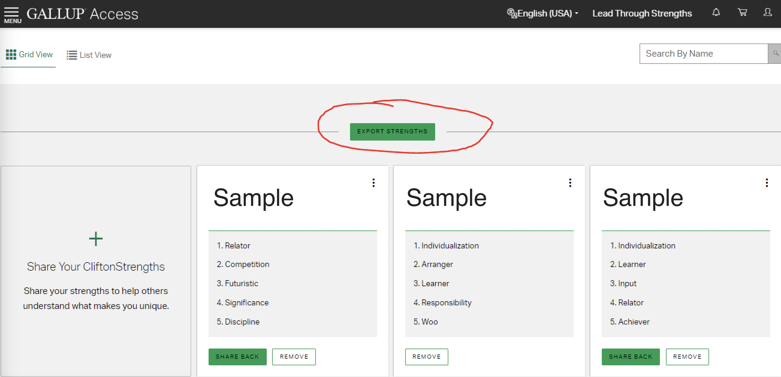 how to export cliftonstrengths for a group